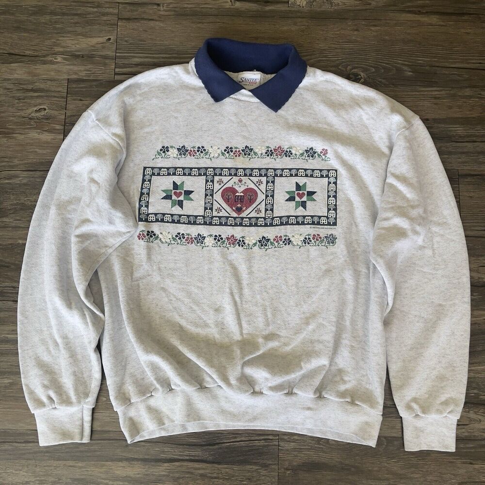 Vtg 1993 Endless Design Inc Art Floral Grandma Sweatshirt Collar USA Women L GC*